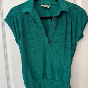 Vintage Embroidered Terry Cloth Polo Top in Teal